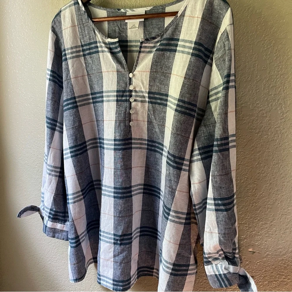 Liz Claiborne Womens XXL 2XL Linen Blend Blue Plaid Tunic 3/4 Tie Sleeve Blouse - Picture 4 of 10